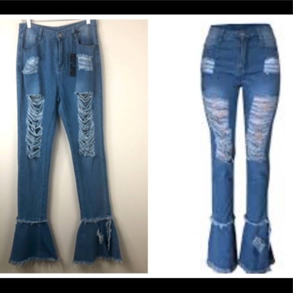 JCJQ Heavily Distressed Bell Bottom Jeans. - Picture 2 of 14